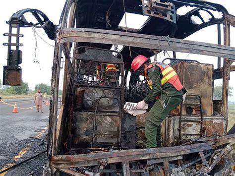 Bus engulfed in flames after hitting van in Pakistan, killing 18 people and injuring 13 others